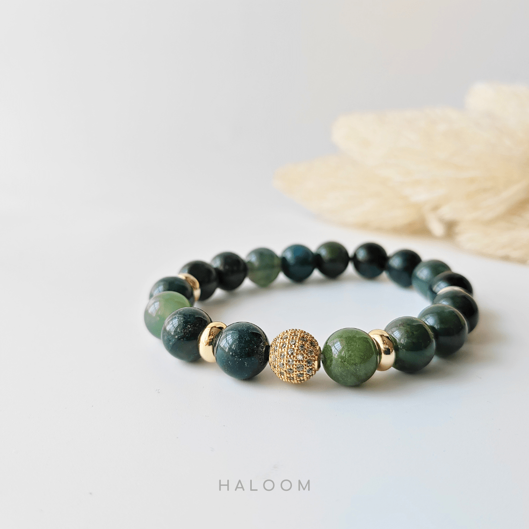 10mm green moss agate stretch bracelet for growth and balance