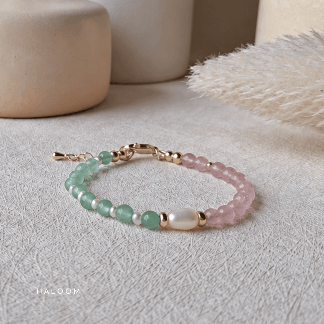 Strawberry Kiss | Green aventurine + strawberry quartz + pearls