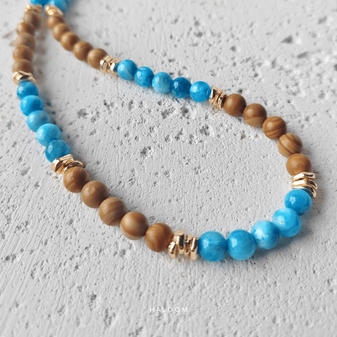 Blue apatite and wood jasper multiuse necklace & dokoh set