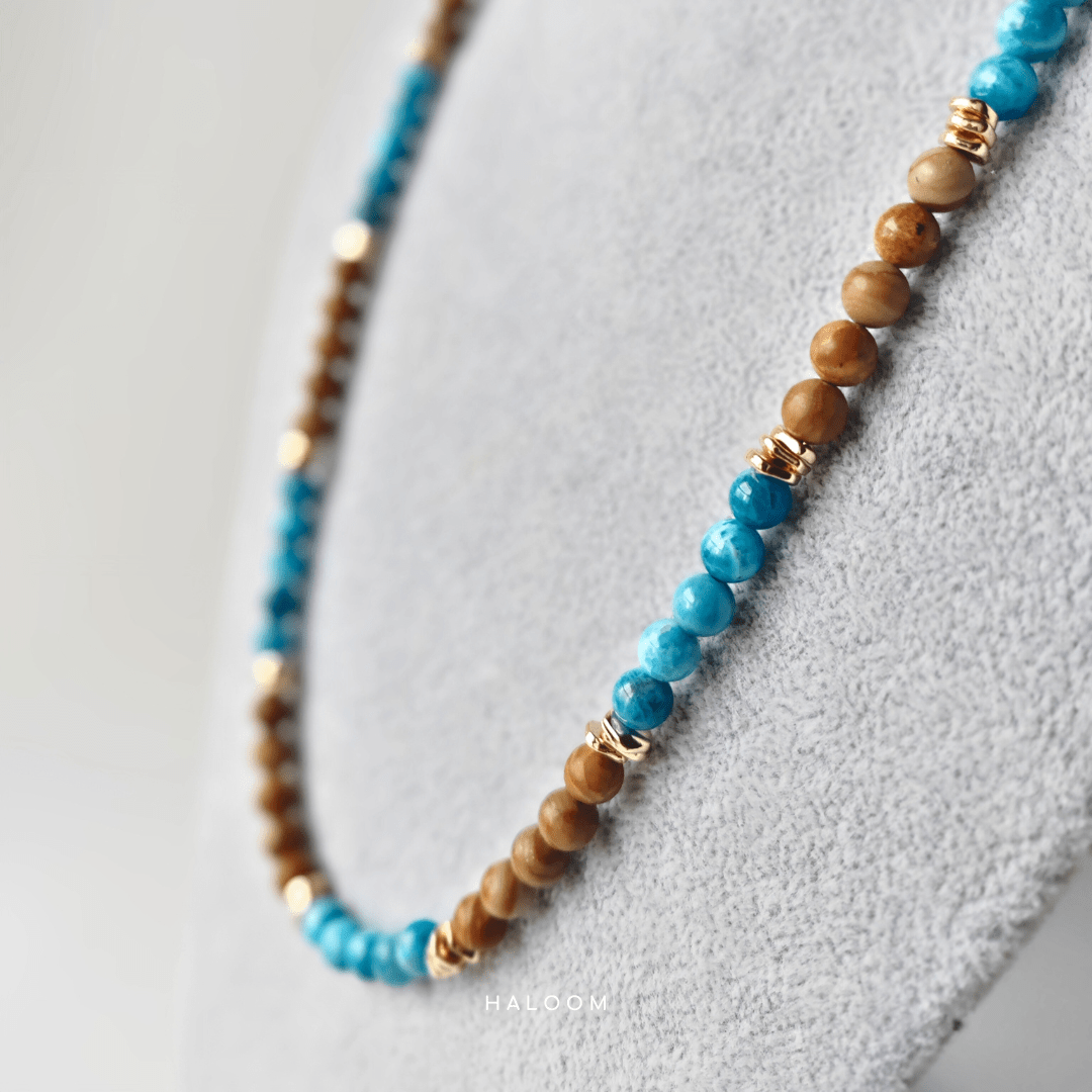Blue apatite and wood jasper multiuse necklace & dokoh set