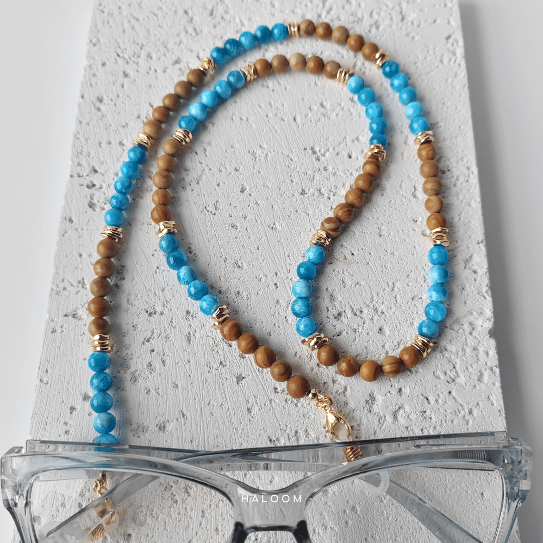 Blue apatite and wood jasper multiuse necklace & dokoh set