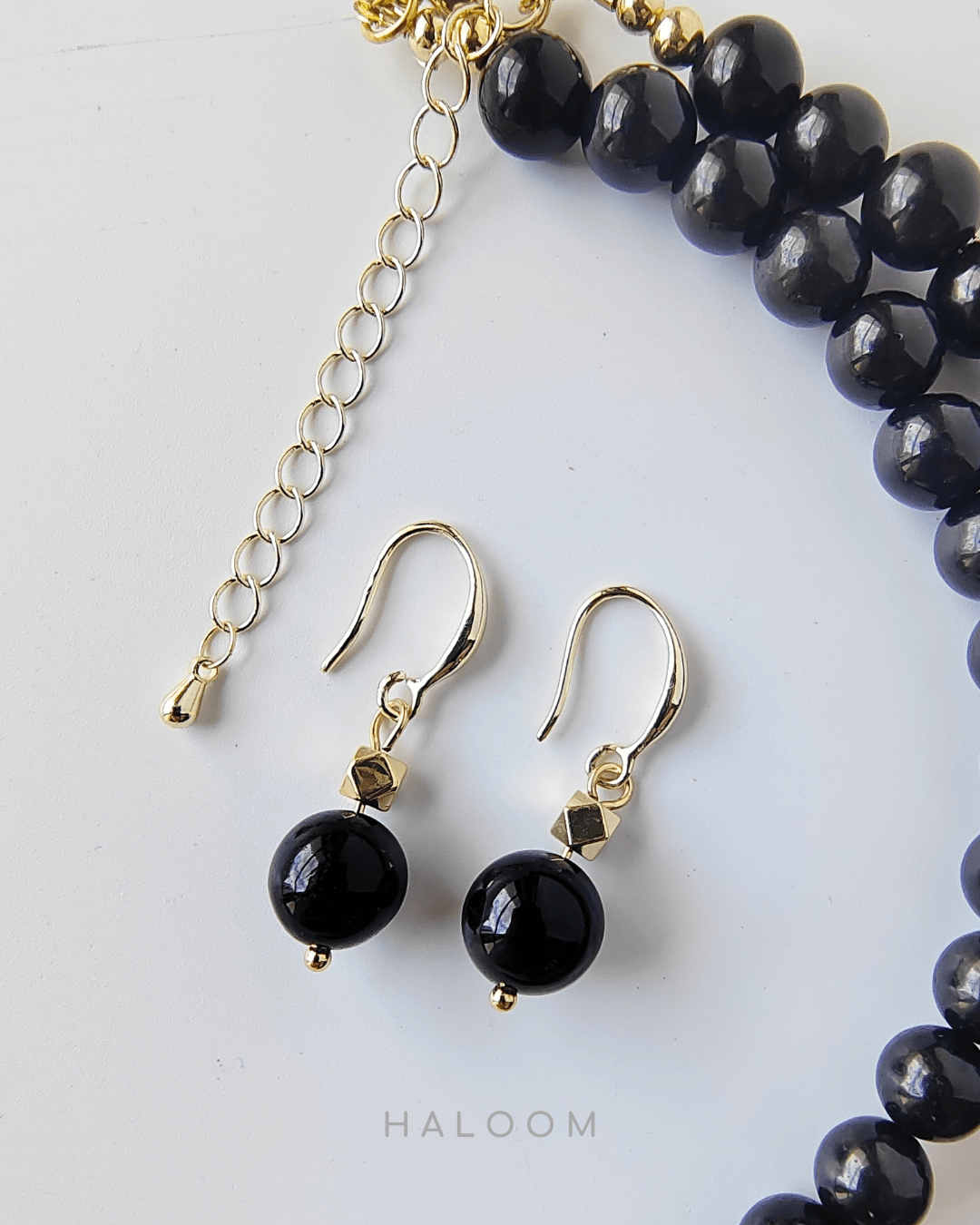 Kalung dan anting-anting jed hitam Perlindungan Tenaga Negatif