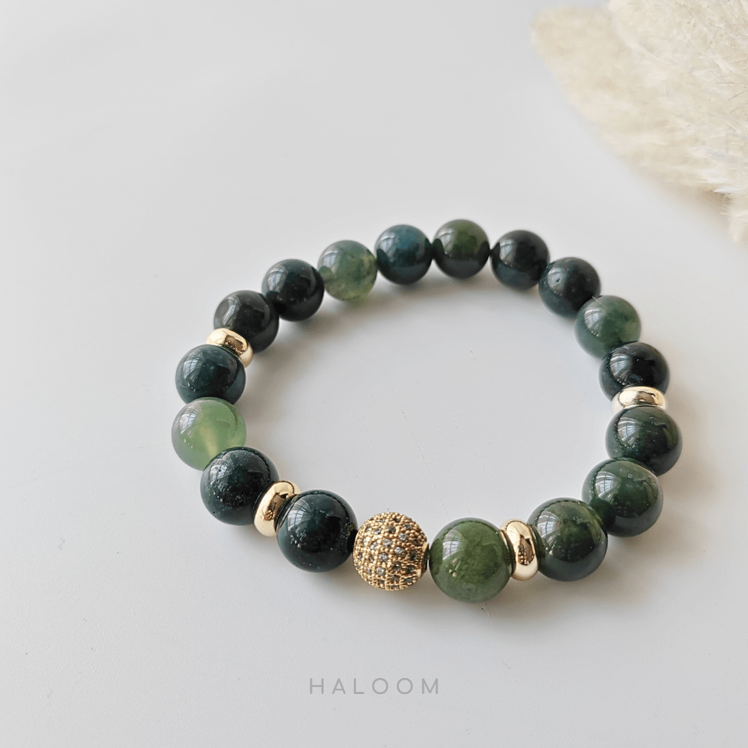 10mm green moss agate stretch bracelet for growth and balance