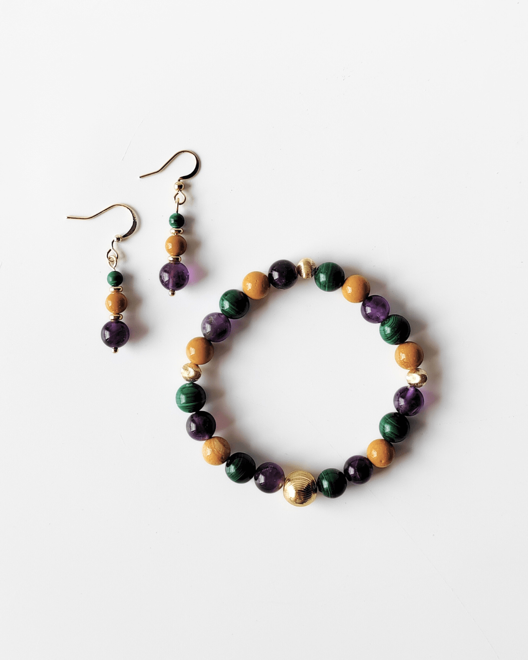 Pathfinder malachite, yellow mookaite, and amethyst bracelet and earrings set