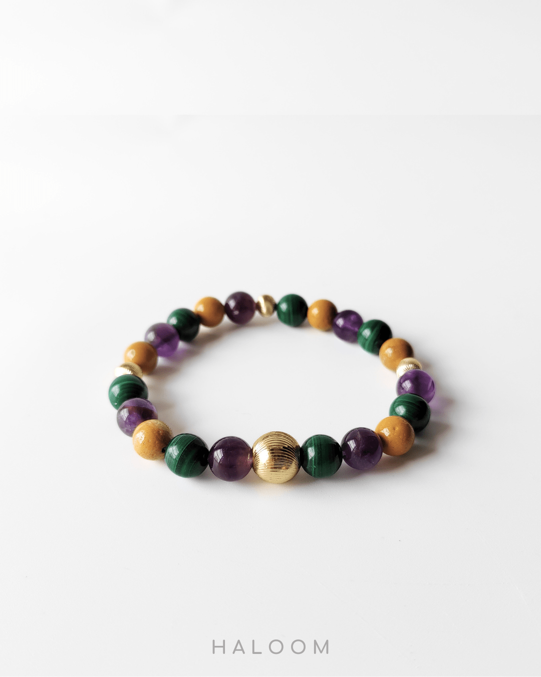 Pathfinder malachite, yellow mookaite, and amethyst bracelet and earrings set