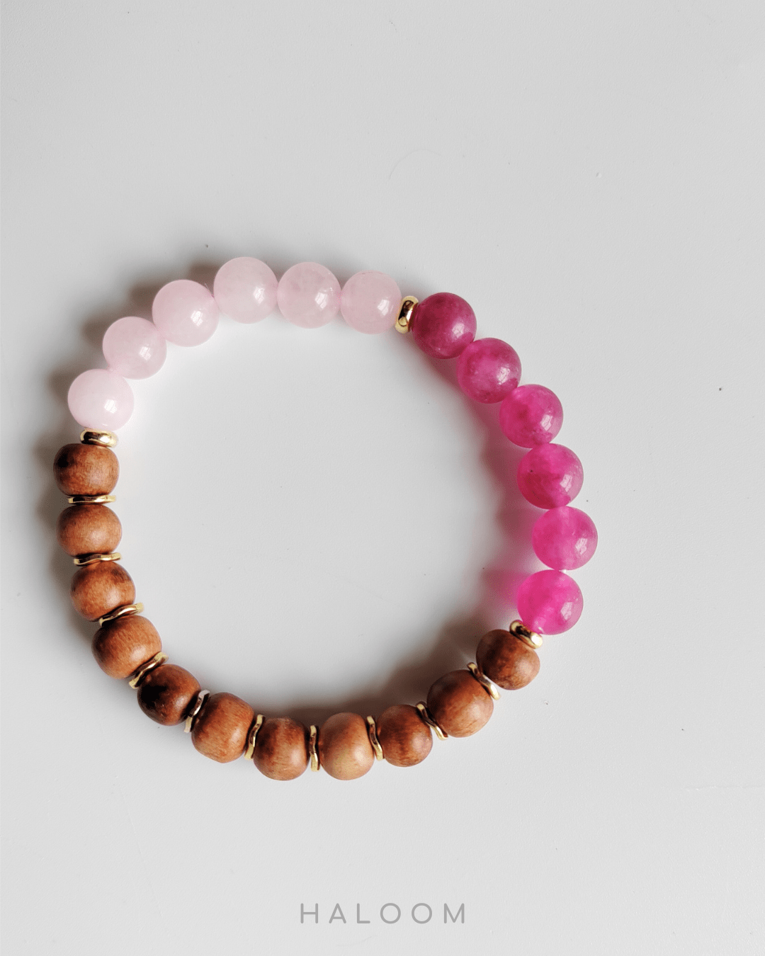 Set gelang dan anting-anting merah jambu Turmalin Jantung Steady Heart dan kuarza ros