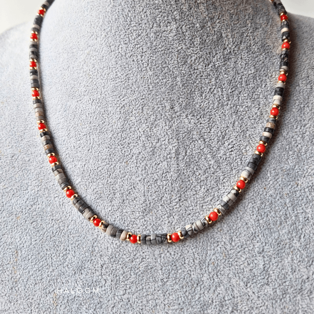 Grounding & Drive | Black Line Jasper and Red Coral Necklace