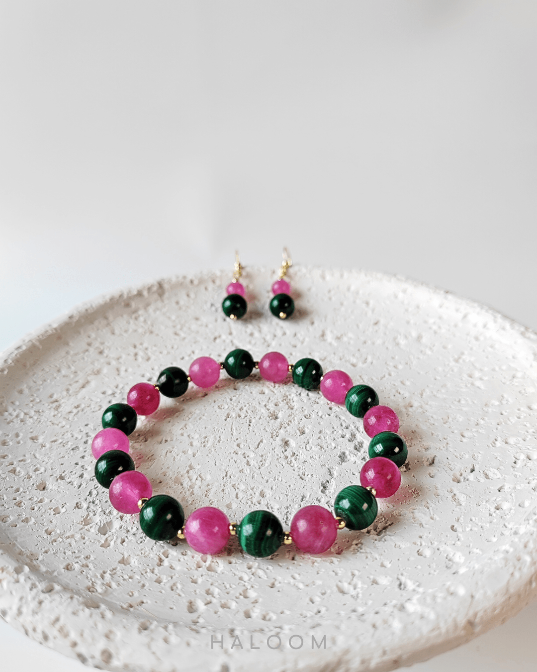 Rebirth pink tourmaline & malachite bracelet and earrings set