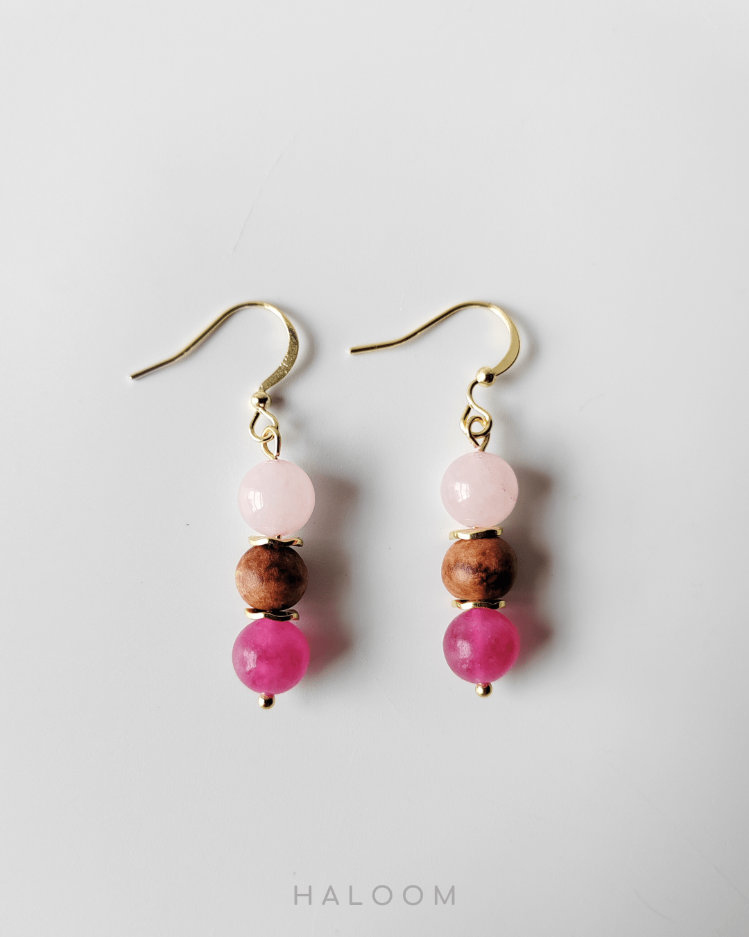 Set gelang dan anting-anting merah jambu Turmalin Jantung Steady Heart dan kuarza ros