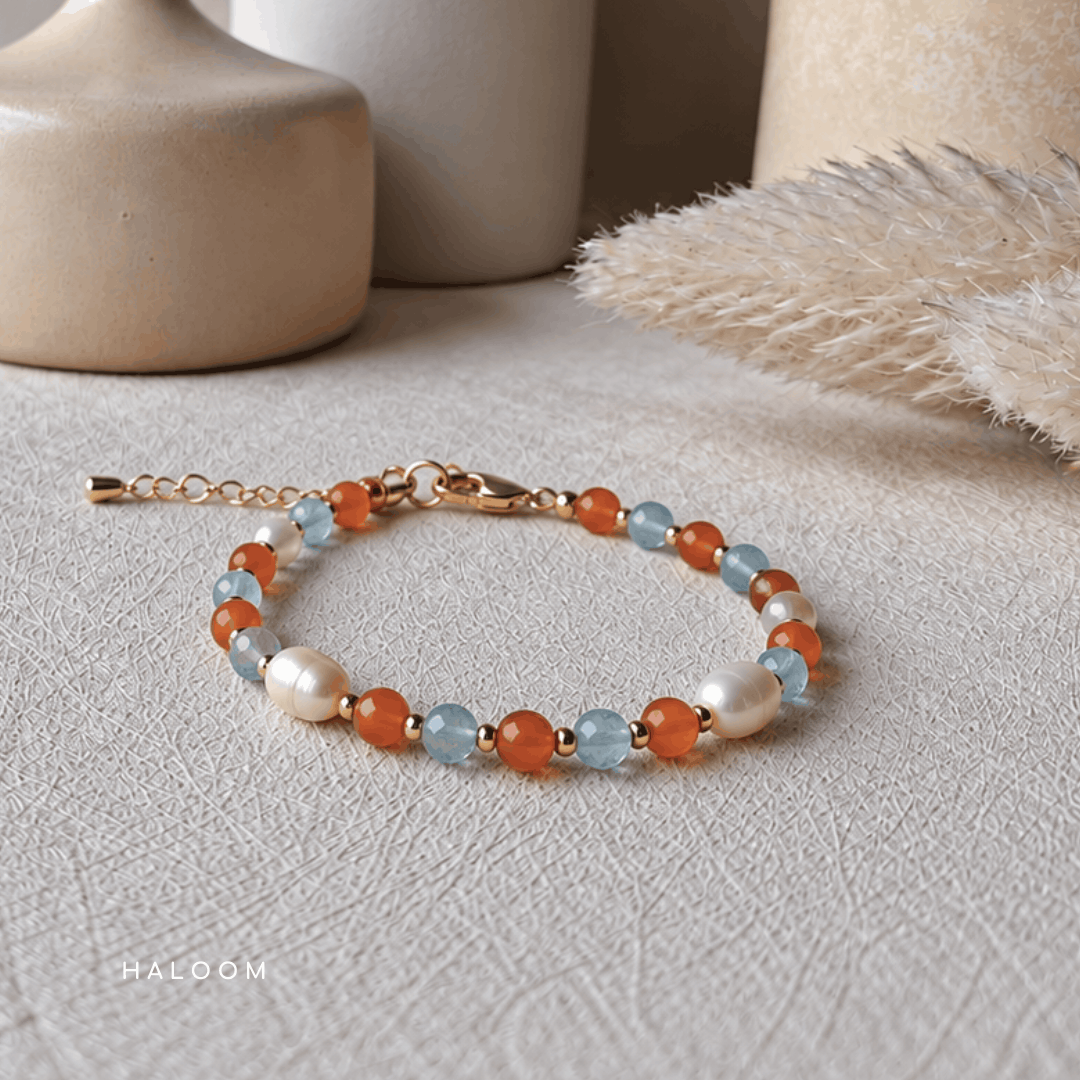 Sea & Sunshine | Aquamarine + orange carnelian + pearls