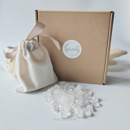 Gift box with clear quartz chips.