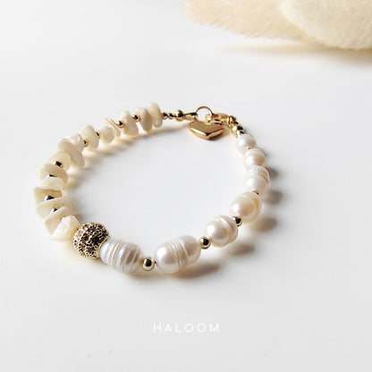 Freshwater pearl and shell bracelet.