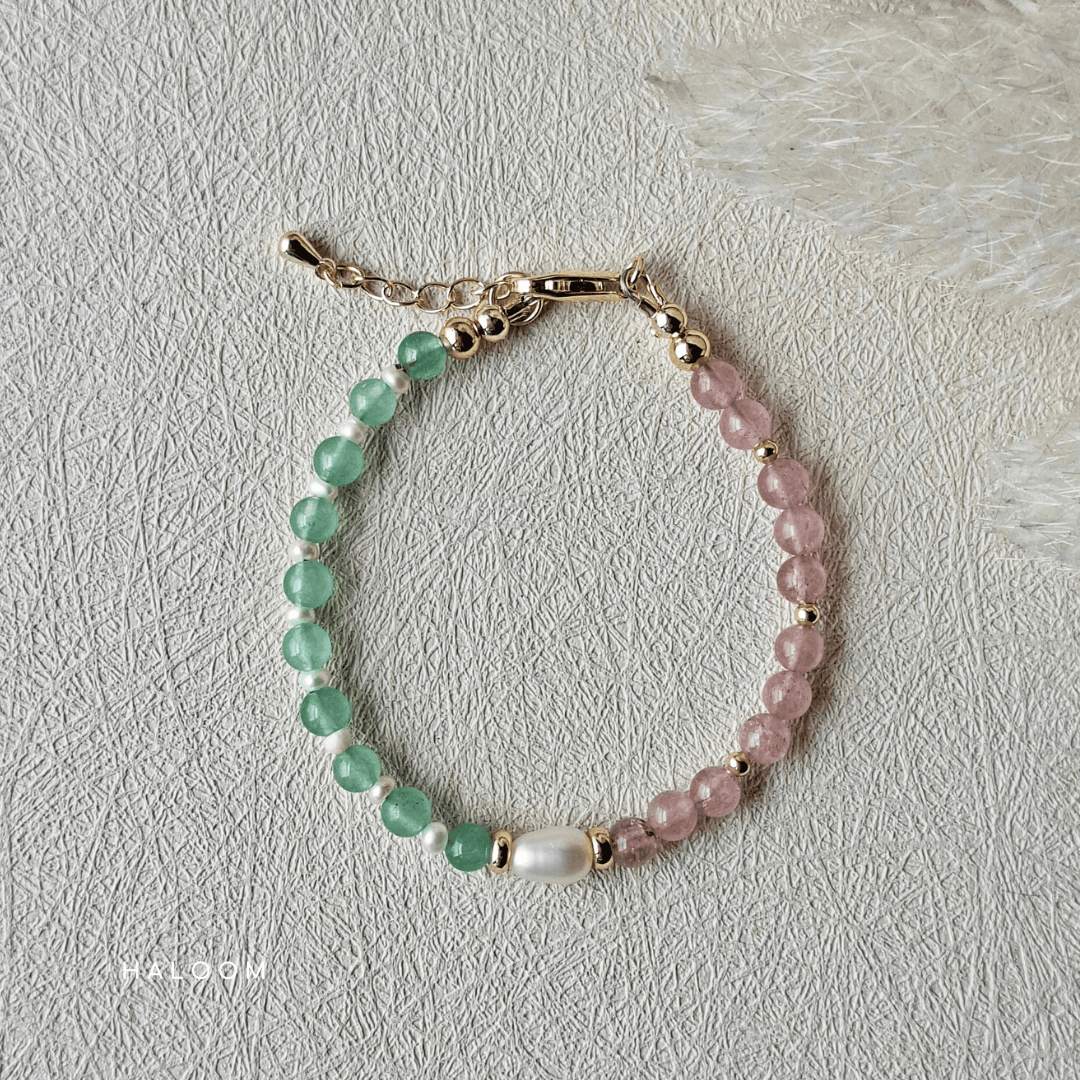 Strawberry Kiss | Green aventurine + strawberry quartz + pearls