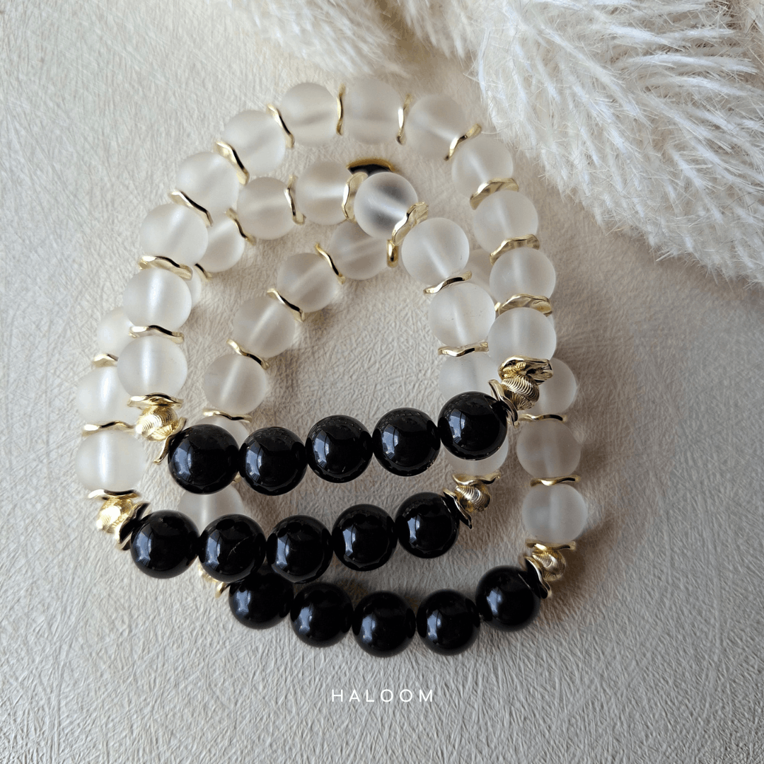 Black Onyx & Frosted Glass Bracelet (with or without evil eye)