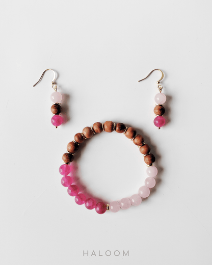 Steady Heart pink tourmaline and rose quartz bracelet and earrings set