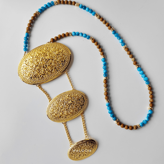 Blue apatite and wood jasper multiuse necklace & dokoh set