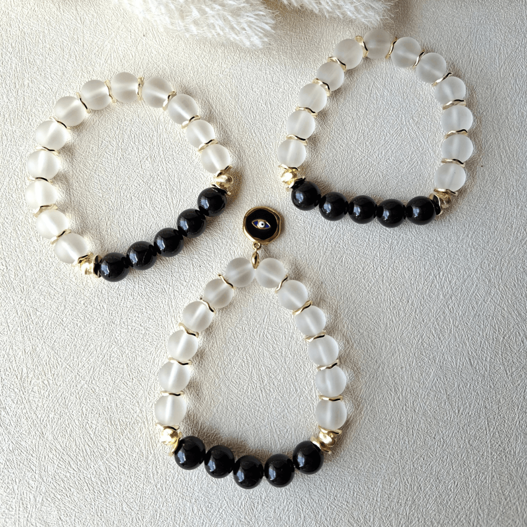 Black Onyx & Frosted Glass Bracelet (with or without evil eye)