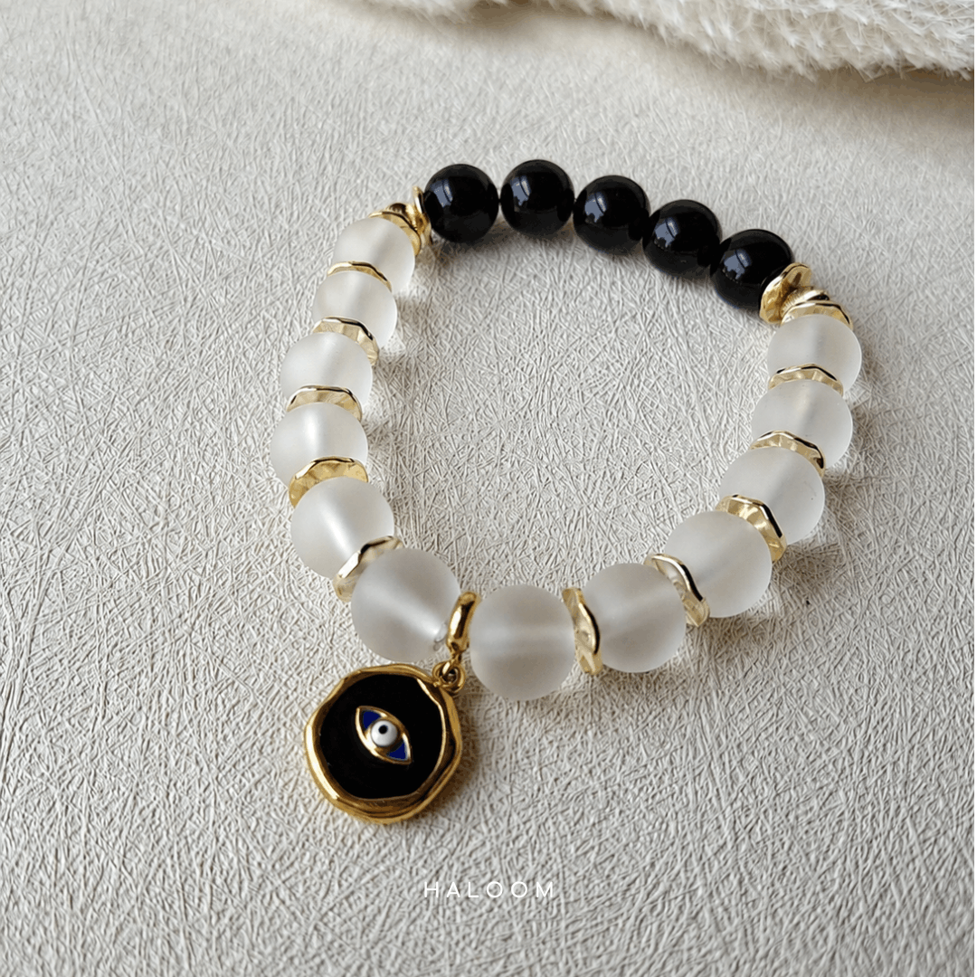Black Onyx & Frosted Glass Bracelet (with or without evil eye)