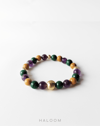 Pathfinder malachite, yellow mookaite, and amethyst bracelet and earrings set