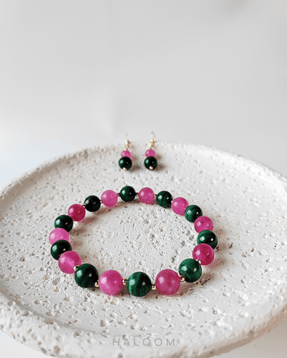 Rebirth pink tourmaline & malachite bracelet and earrings set