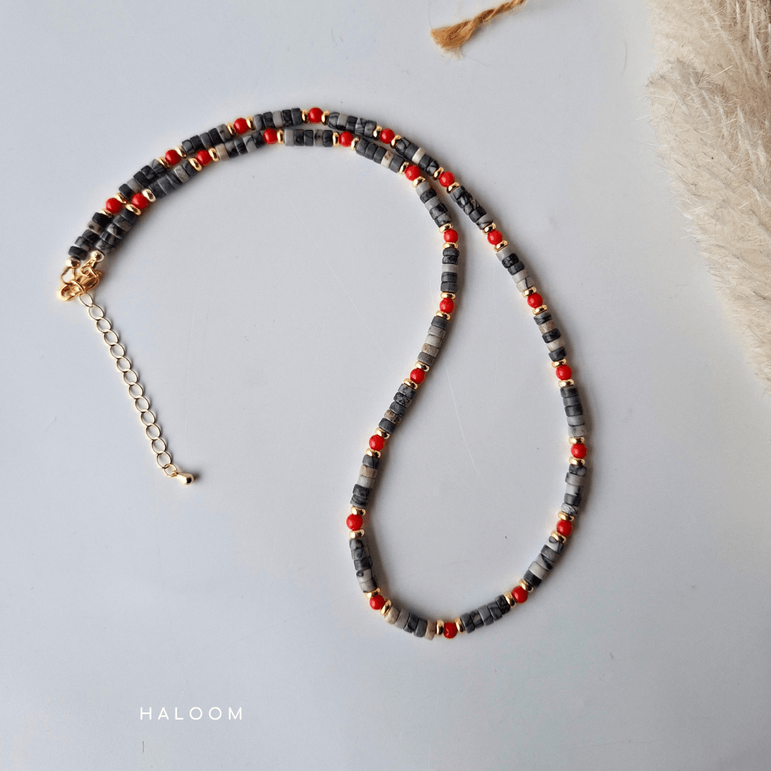 Grounding & Drive | Black Line Jasper and Red Coral Necklace