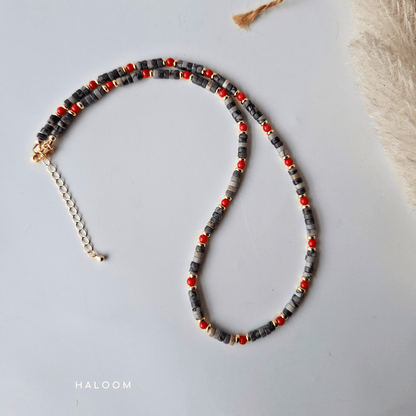 Grounding & Drive | Black Line Jasper and Red Coral Necklace