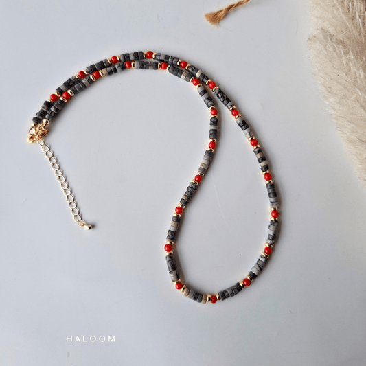 Grounding & Drive | Black Line Jasper and Red Coral Necklace