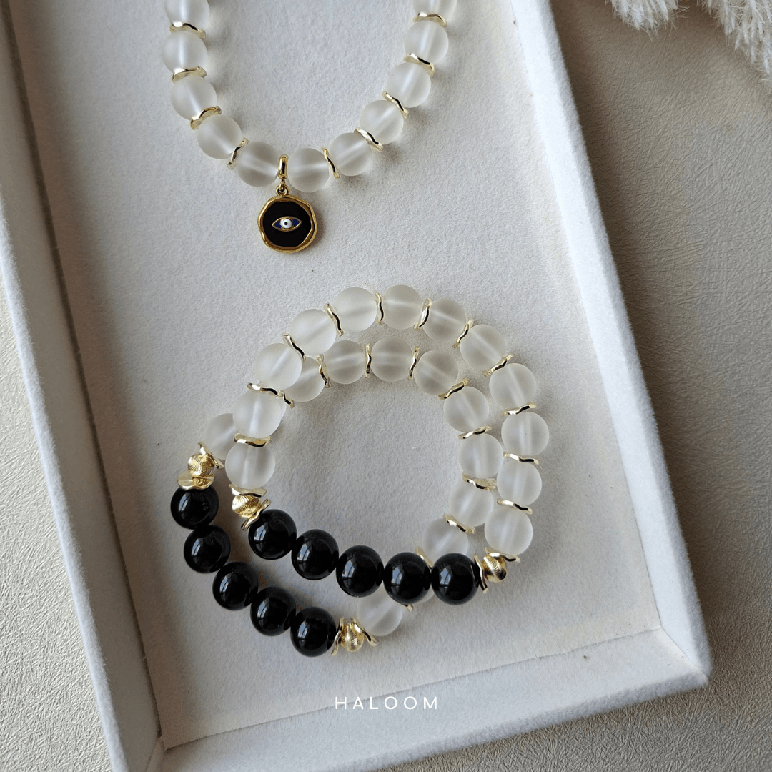 Black Onyx & Frosted Glass Bracelet (with or without evil eye)