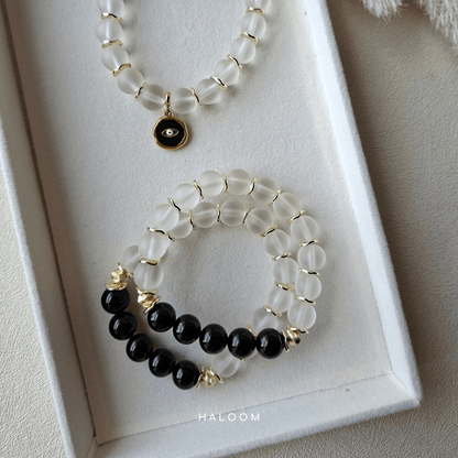 Black Onyx & Frosted Glass Bracelet (with or without evil eye)