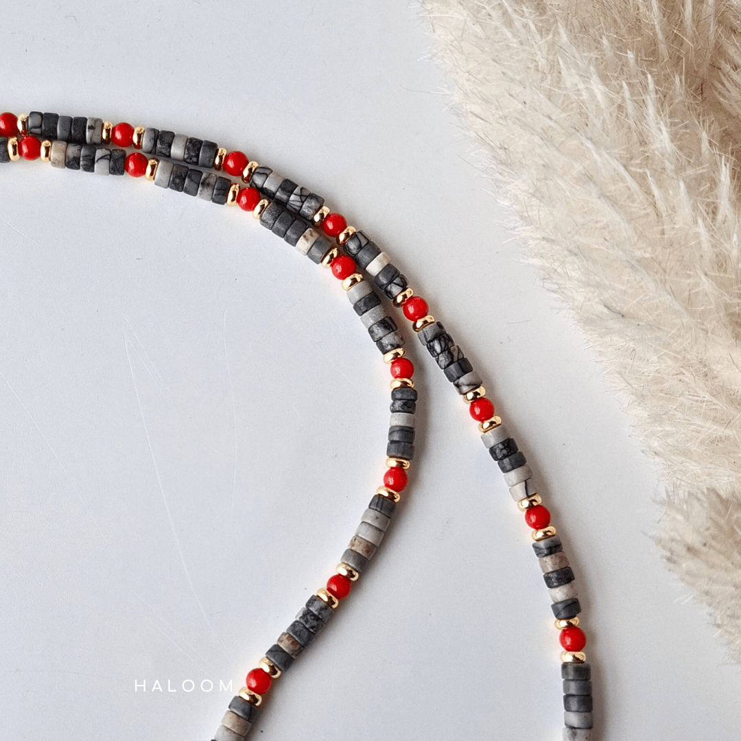Grounding & Drive | Black Line Jasper and Red Coral Necklace