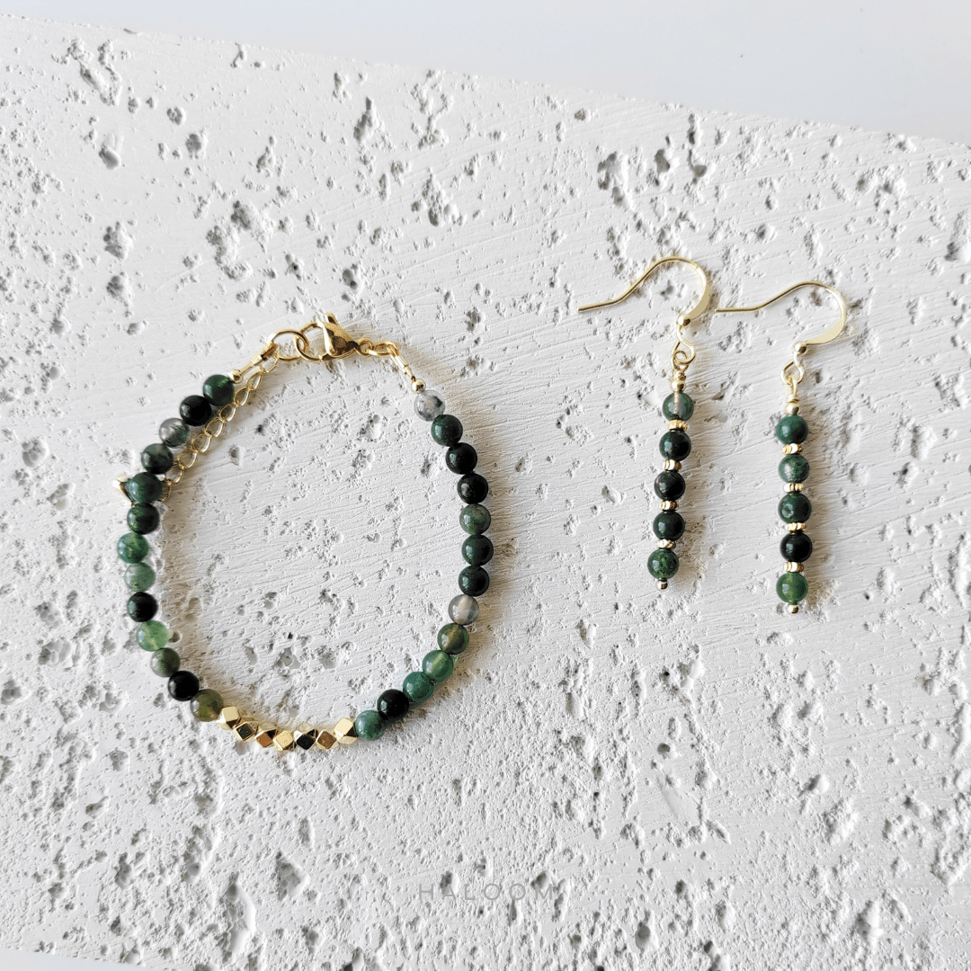 Moss agate jewellery set – bracelet and earrings