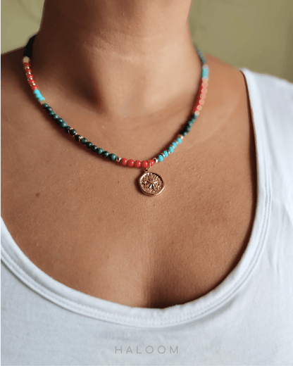Ocean Fire turquoise, red coral & chrysocolla necklace