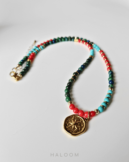 Ocean Fire turquoise, red coral & chrysocolla necklace